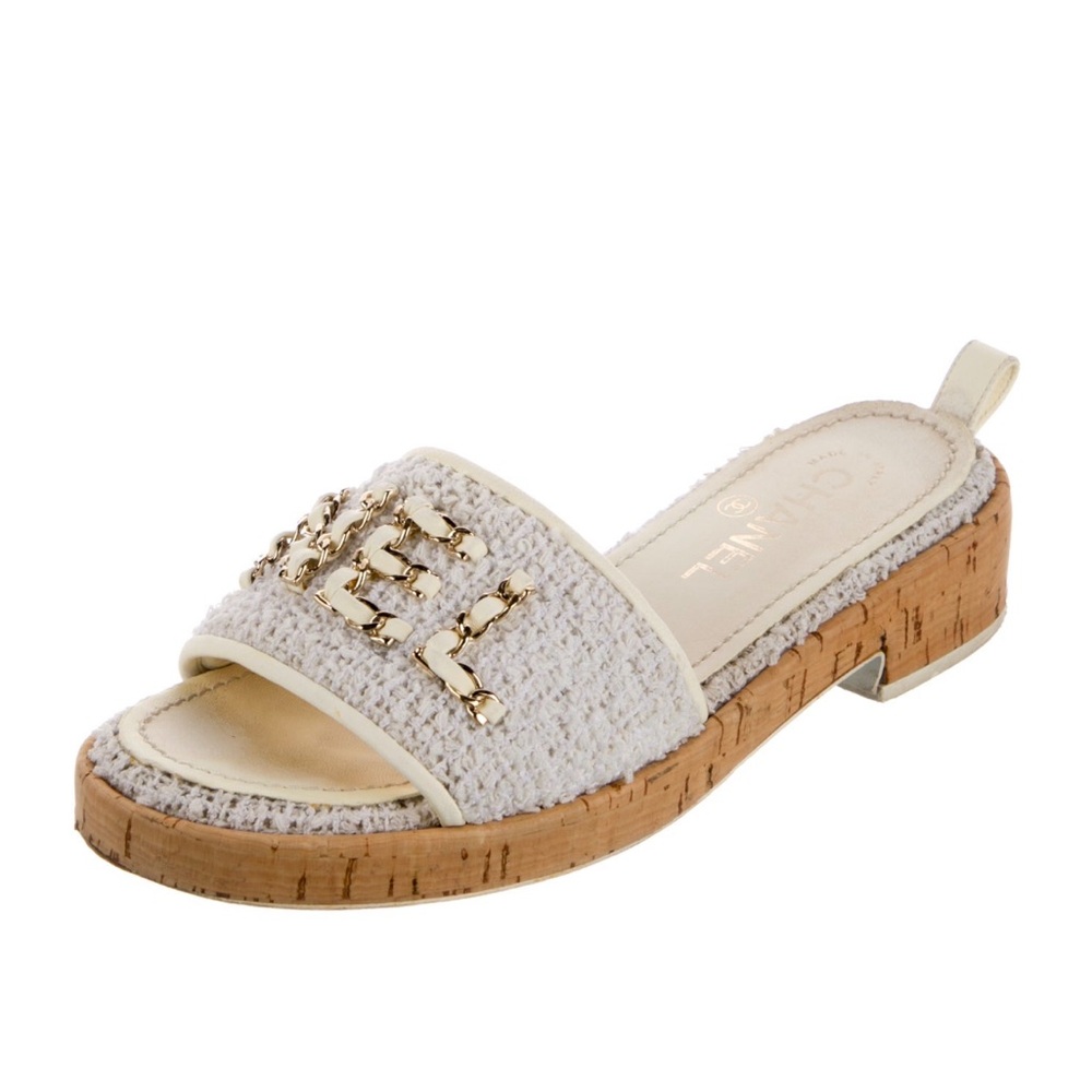 Chanel CC 2021 Chain Pool Tweed Cork Heels Mule Sandals Slides Shoes